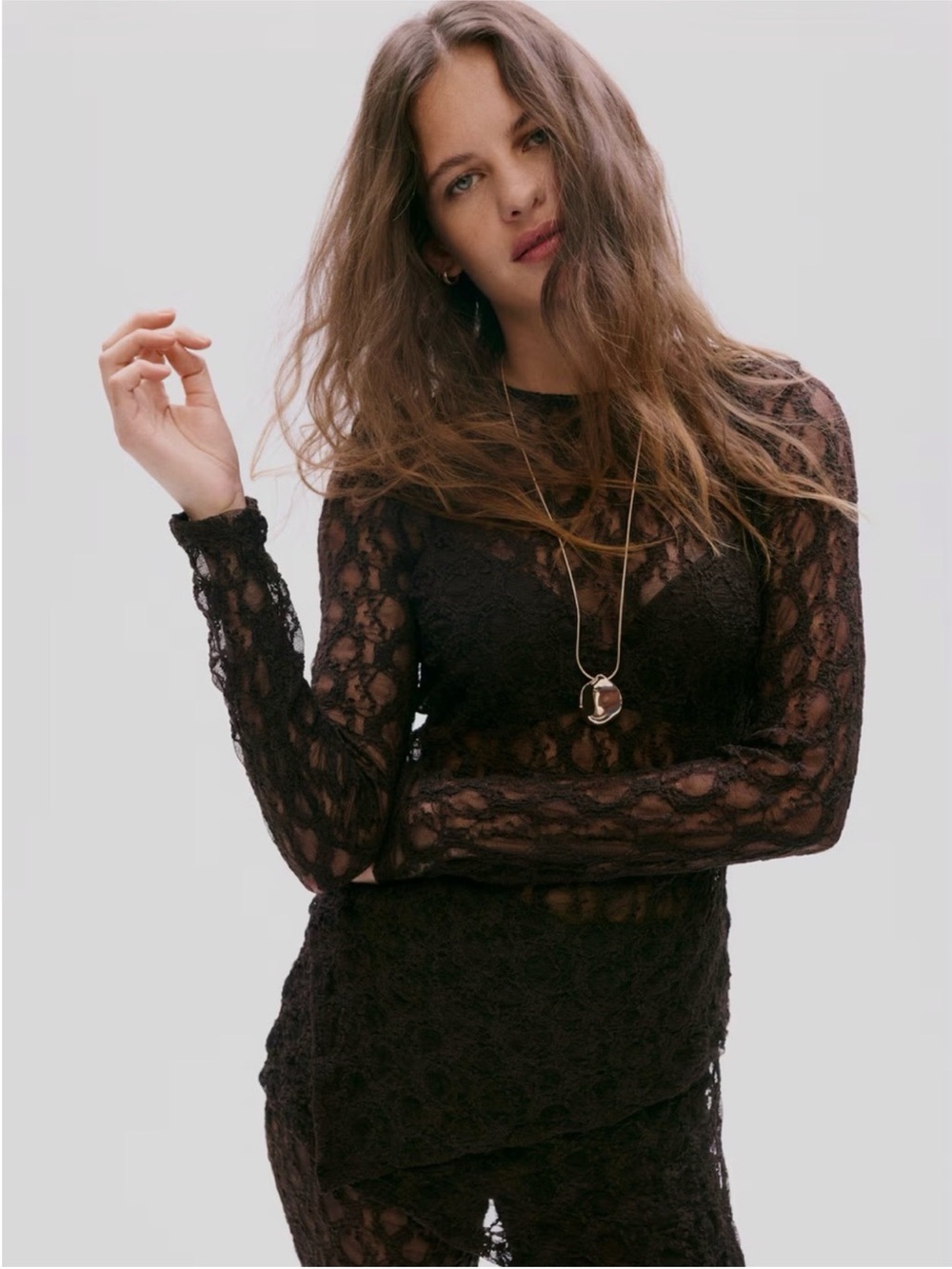 H&M Divided Brown Lace Asymmetrical Long Sleeve Top Whimsigoth Size XS